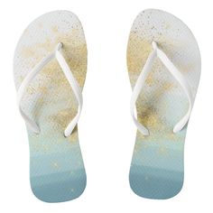 Summery flip flops featuring ocean blue watercolor ombre stripes and sparkling gold paint flecks designed to evoke thoughts of a relaxing day at the beach with blue water and sandy toes. Perfect for beach and destination weddings, a cruise, tropical vacation and travel. Mediterranean Pattern, Tropical Cruise, Destination Wedding Favors, Personalized Gifts For Women, Gold Flip Flops, Pattern Flip Flops, Spanish Mediterranean, Different Shoes, Gold Sand