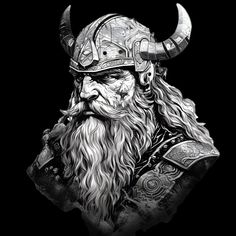 an old viking with long hair and horns