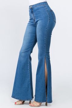 High waisted Denim Side Slit Flare Bottoms – La Collection by Cotton'n Things Jean Poses, New Jeans Trend, Bell Bottom Jumpsuits, Womens Fashion Jeans, Bottom Jeans, Jean Flare, Outfit Jeans, High Waisted Flares, Really Cute Outfits