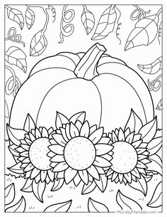 a coloring page with pumpkins and flowers