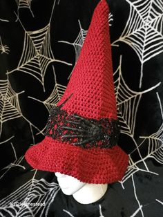 Complete your magical costume with this hand crocheted, customizable hat.  Shown with brim flipped or flat.  You'll want to hold on to this hat when you fly off into the night!  Message for color request, or a larger brim. Fitted Witchy Hat For Halloween, Red Halloween Hat One Size Fits Most, Handmade Witchy Costume Hats And Headpieces, Handmade Fitted Costume Hats For Halloween, Handmade Fitted Halloween Costume Hats, Handmade Fitted Costume Hat For Costume Party, Handmade Adjustable Witchy Costume Hat, Handmade Fitted Costume Hat, One Size Brimmed Halloween Costume Hats And Headpieces