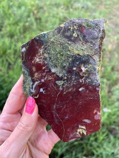 a person holding up a piece of red rock in their hand with green grass behind it