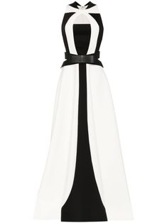 black/white panelled design cut-out detailing sleeveless belted waist A-line skirt long length Farfetch Dress, Bohemian Wedding Guest, Saiid Kobeisy, Gown White, White Highlights, Sleeveless Gown, Wedding Guest Looks, City Dress, Black White Dress