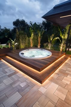 hot tub idea surrounded by floating deck Round Hot Tub Deck, Modern Hot Tubs Patio, Sunken Hot Tubs On Decks, Above Ground Jacuzzi Deck Ideas, Outdoor Deck With Hot Tub, Jacuzzi Built In Deck, Sunken Jacuzzi Outdoor, Built In Jacuzzi Backyard, Deck To Hot Tub