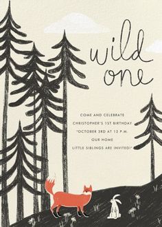 A new little wild one is joining the family! Celebrate the nature-loving mom-to-be with this adorable online baby shower invitation. The design features a black and white drawing of a forest with trees, a rabbit, and a fox in full color, with "wild one" written in cursive. Fully customize, invite, track RSVP's, and follow up with your guests. Toddler Boy Birthday, Online Baby Shower Invites, 1st Birthday Invitation Template, Online Baby Shower, Baby Birthday Invitations, Boy Birthday Party Themes, One Year Birthday, 1st Birthday Party Invitations, Birthday Themes For Boys