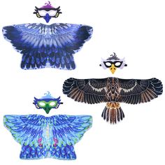 three different types of masks and wings on a white background, each with an owl's head in the center