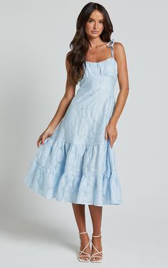 Jovena Midi Dress - Gathered Bodice Tiered Dress in Blue | Showpo USA Bridesmaid Tiered Dress With Ruffle Hem, Sleeveless Midi Bridesmaid Dress With Ruffle Hem, Tiered Tie Back Sundress, Bridesmaid Sleeveless Midi Dress With Ruffle Hem, Bridesmaid Midi Dress With Ruffle Hem And Sleeveless Design, Tiered Tie-back Sundress, Tiered Dress With Tie Back For Brunch, Tie Back Tiered Skirt Sundress, Sundress With Tie Back And Tiered Skirt