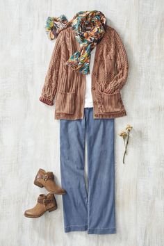 This intricately textured sweater mixes cables, seed stitch and basketweave for rich artistry. Vintage wash adds depth and highlights of color. Coldwater Creek Outfits, Stylish Plus Size Clothing, Pattern Cardigan, Over 60 Fashion, Knit Denim, Fashion For Women Over 40, Seed Stitch, Textured Sweater, 60 Fashion