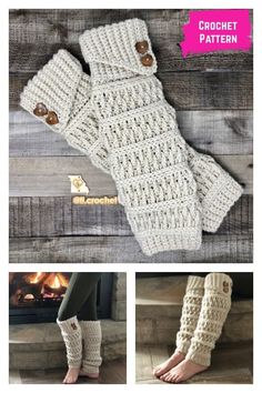 crocheted leg warmers with buttons on the bottom and side, in white