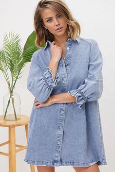 Washed Denim Puff 3/4 SLV Snap Up Shirt DressMade in ChinaMade In: CHINAFabric Contents: 100% CottonSize Measurement (inch): S: 20.0 (Bust), null (Waist), null (Hips), 32.5 (Length) M: 20.5 (Bust), null (Waist), null (Hips), 33.0 (Length) L: 21.0 (Bust), null (Waist), null (Hips), 33.5 (Length) Washed Blue Long Sleeve Denim Dress For Spring, Long Sleeve Washed Blue Denim Dress For Spring, Long Sleeve Washed Blue Dress For Spring, Oversized Long Sleeve Denim Dress For Summer, Fitted Long Sleeve Denim Dress For Brunch, Spring Long Sleeve Washed Denim Dress, Long Sleeve Washed Blue Denim Spring Dress, Washed Long Sleeve Denim Dress, Spring Denim Long Sleeve Dress For Brunch