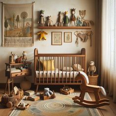 a baby's room with stuffed animals and toys