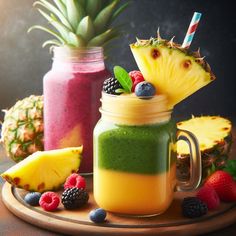 pineapple, raspberry and blueberry smoothie in mason jars with fresh fruit