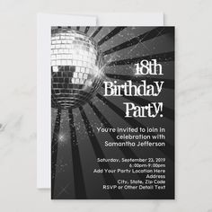 a birthday party card with a disco ball on the front and an inscription that reads,'18th birthday party you're involved to join in celebration with