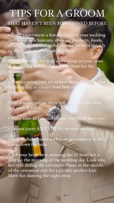 a man in a suit and tie holding a beer bottle with the caption tips for a groom