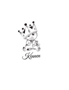 a black and white drawing of a teddy bear wearing a crown with the word kenn on it