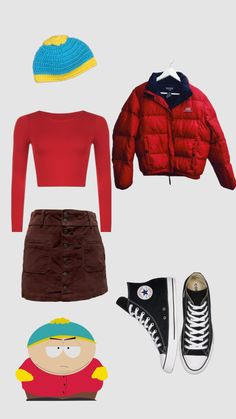 various items are arranged in the shape of a person's head and shoes, including a red jacket, brown skirt, blue hat, black converse sneakers