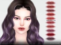 an animated image of a woman's face with long, wavy hair and purple eyes