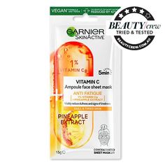 Garnier Vitamin C Anti Fatigue Ampoule Face Sheet Mask is a sheet mask with the brand's highest concentration of 1% vitamin C in a mask, plus pineapple extract to visibly reduce dullness and signs of tiredness. This powerful duo infused in the mask is best to use when skin needs refreshing, in the morning while getting ready or before going out. Skincare Masks, Face Sheet Mask, Cool Picks, Skin Care Mask, Sheet Mask, The Mask, Body Health, A Mask, Getting Ready