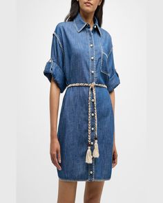 Find ZIMMERMANN Denim Shirtdress on Editorialist. Zimmermann denim mini dress featuring contrast blanket stitching Point collar Short cuffed sleeves with button cuffs Chest pocket Selftie belt Side seam pockets Shirtdress silhouette Hem falls above the knee Buttonfront Polyester Dry clean Imported Denim Shirt Dress, Denim Mini Dress, Belt Tying, Shirtdress, Denim Mini, Tie Belt, Cuff Sleeves, Above The Knee, Chest Pocket