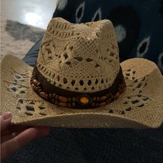 This Is Such A Great Hat If Your Going To Be Out On The Lake Or Out At A Festival!! I Ordered 2 On Accident!! Never Worn Brown Straw Hat One Size Fits Most, Rustic Adjustable Hat Bands For Spring, Adjustable Rustic Hat Band For Beach, Adjustable Rustic Hats For Summer, Bohemian One Size Straw Hat For Vacation, Adjustable Brimmed Hats For Music Festival, Adjustable Wide Brim Sun Hat For Music Festivals, Adjustable Western Hat For Music Festival, Adjustable Straw Hat