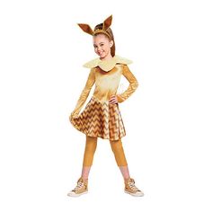 From the popular Pokemon video game, you can bring your favorite fox-like Pokemon character to life! Become one of the rarest Pokemon of all times when you dress up in this cute Pokemon Deluxe Eevee costume. The Nintendo Girl's Pokemon Eevee Deluxe Child costume features a brown dress with zig-zag sparkly details on skirt, attached tail, collar, leggings and headband with ears. Shoes not included. Fits sizes 10-12. ©2020 The Pokémon Company International. ©1995-2020 Nintendo / Creatures Inc. / G Eevee Costume, Pokemon Video, Pokemon Costumes, Popular Pokemon, Book Week Costume, Fancy Dress Up, Pokemon Eevee, Fantasias Halloween, Dress Halloween Costume