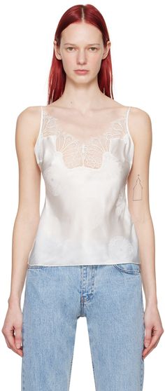 Acetate- and silk-blend damask camisole. Jacquard floral pattern and lace trim throughout. · V-neck · Darts at chest · Fixed spaghetti straps · Logo hardware at back Supplier color: White Lace Camisole Top, Lace Camisole, Cami Tanks, Damask, Lace Trim, Apparel Accessories, Spaghetti Strap, Camisole Top, Floral Pattern