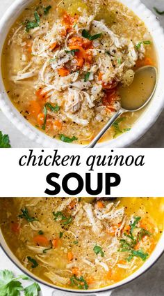 chicken quinoa soup in a white bowl with a spoon