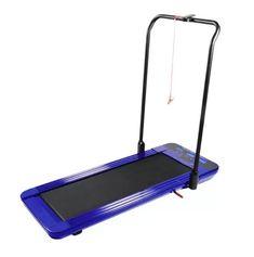 a blue treadmill with black handlebars and wheels on the front, against a white background