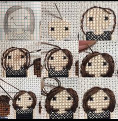 several pictures of the same person's head on different pieces of fabric and thread