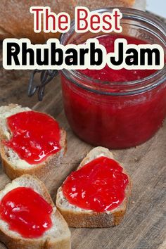 three baguette slices topped with rhubarb jam and a jar of the jam next to them Rhubarb Jam Recipes Canning, Strawberry Rhubarb Jam Recipe, Rhubarb Jelly, Rhubarb Juice, Rhubarb Syrup, Strawberry Rhubarb Jam, Home Canning Recipes