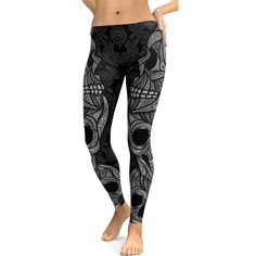 Show off your edgy style in the Gearbunch Ornamental Skull Leggings. A classic color combination of Black and White, the detail in the printed design will amaze you! A background pattern of tiny skulls and roses, with big and bold skulls over the top. 100% handmade, squat proof, super soft and comfy. Wear to yoga, the gym, or wherever makes you feel good. Be Happy, Be Bright, Be You with Gearbunch. Black Compression Leggings For Streetwear, High Stretch Black Yoga Pants For Streetwear, Black Stretch Leggings For Streetwear, Black Compression Casual Pants, Casual Compression Black Pants, Casual Black Compression Pants, Tight Black Streetwear Pants, Black Tight Pants For Streetwear, Edgy Black Tight Pants