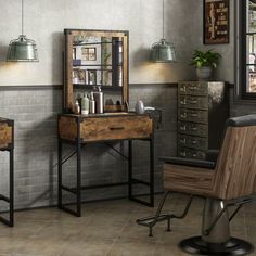 a barber shop with two chairs and a table in front of the mirror on the wall