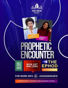 an advertisement for the new church's prophetic encounter with two women in purple