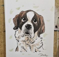 a drawing of a brown and white dog with black spots on it's face