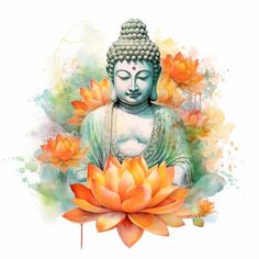 the buddha statue is surrounded by water lilies and orange flowers on a white background