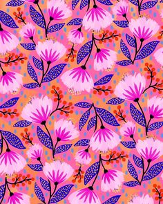 a pink and blue flower pattern on an orange background, with small dots in the center