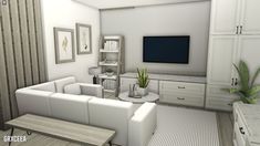 a living room filled with white furniture and a flat screen tv mounted to the wall