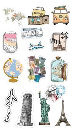 various stickers that include the statue of liberty, luggage and other things to see