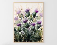 a watercolor painting of purple flowers on a white wall