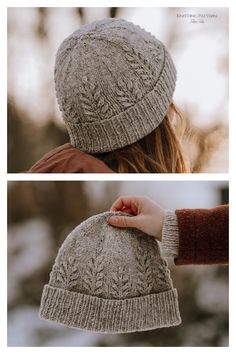 two pictures of a woman's hand holding the back of a knitted hat