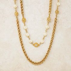 For Sale on 1stDibs - - Vintage item - Measures 94' long - Gold plated - Crystal accents - Faux pearls - By Chanel (signed on hangtag) - Made in France - Circa 1980s - Estate Chanel Sign, Boho Bridal Jewelry, Boho Bridal, Crystal Pearls, Made In France, Chains Necklace, Faux Pearl, Bridal Jewelry, Chain Necklace