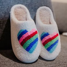 Rainbow Heart Slippers Preppy Slippers, Heart Slippers, Rainbow Slippers, Alphabet Gifts, Birthday Fashion, Comfy Slippers, Girls Getaway, N Shoes, Love Coupons