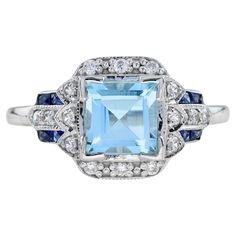 Luxury Square Cut Topaz Ring Fine Jewelry, Luxury Blue Art Deco Rings, Blue Square-cut Diamond Jewelry, Blue Diamond Ring, Art Deco Style, Gift, Blue Square-cut Gemstone Rings, French Cut, Estilo Art Deco, Square Cut, Art Deco Engagement Ring