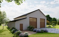 an artist's rendering of a two - car garage in the middle of a field