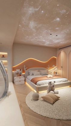 a bedroom with a large bed in the middle of it and a sky mural on the ceiling