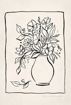 a black and white drawing of flowers in a vase