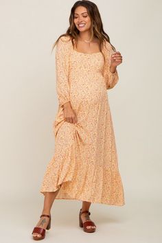 Yellow Floral Square Neck 3/4 Sleeve Maternity Midi Dress – PinkBlush Womens Fall Dresses Baby Shower, Spring Floral Print Maternity Midi Dress, Spring Floral Print Midi Maternity Dress, Spring Maternity Dress With Square Neck, Maternity Square Neck Dress For Spring, Fall Maternity Dresses, Modest Maternity Outfits, Yellow Maternity Dress, Fall Maternity Dress