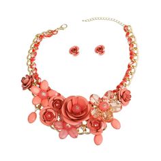 Gold Metal Chain Woven With Fabric Collar Necklace Set Featuring Metal Dark Coral Roses And Flower Detailing. Detail Measures Approx 2.85 Inches Long. Rose-colored Flower Jewelry For Party, Rose Flower Jewelry For Party, Flower-shaped Rose Design Necklace For Party, Feminine Rose Jewelry For Party, Feminine Rose-colored Party Jewelry, Pink Flower Shaped Necklace For Party, Pink Flower Necklace For Party, Elegant Pink Flower Necklace For Party, Pink Rose Design Jewelry For Valentine's Day