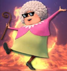 an older woman with white hair and sunglasses is dancing in front of a purple background