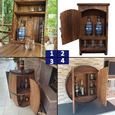 several pictures of wooden shelves with bottles and glasses in them, including an open cabinet